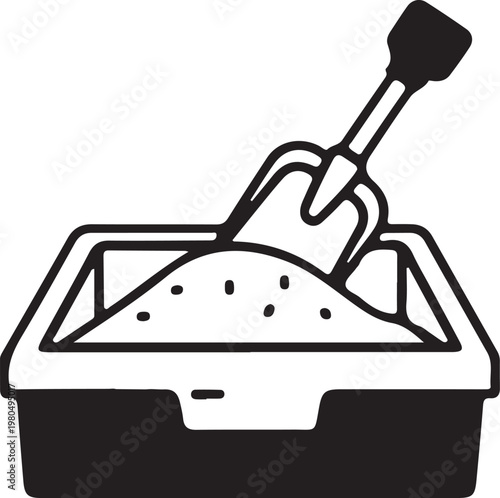 Cat litter box with scoop and sand, pet hygiene and cleaning equipment illustration.
