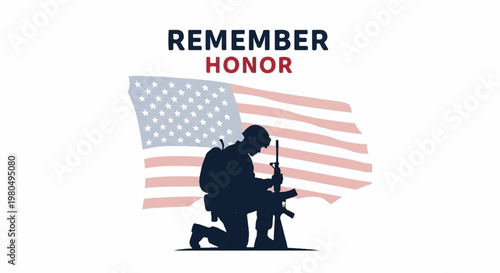 Kneeling soldier in silhouette holding rifle with American flag backdrop