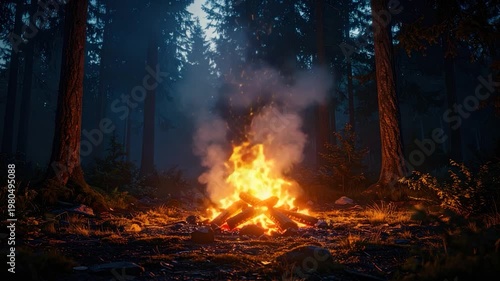 A warm campfire burns in a dark forest, casting light on the trees