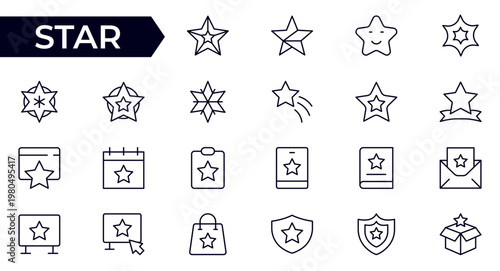 Star and Rating Line Icon Set for Favorites, Reviews, Awards, Premium Quality, Achievement, Ranking and Creative Branding Outline Vector Collection