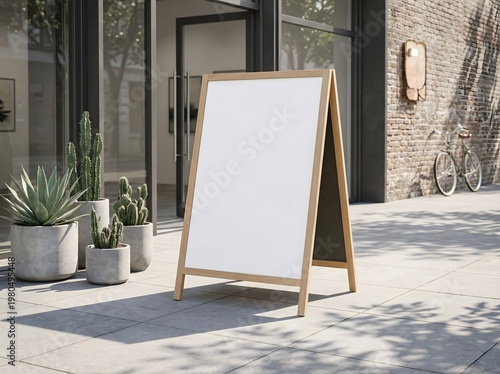 Blank wooden standing sidewalk sign sits on the patio in front of a modern storefront.