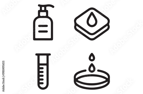 Line art icons depicting soap cleanser and liquid drop elements