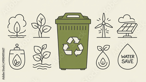 Green recycling bin with eco-friendly icons representing sustainability and environmental protection for web and print design