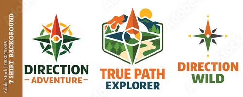 Compass direction adventure logo with mountains trees and sun vintage vector illustration.