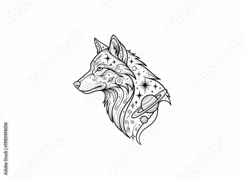 Cosmic wolf head illustration with planets and stars, symbolizing the universe and nature's grandeur