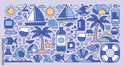 Flat linear icon set of summer vacation and beach travel elements in blue color palette for web design