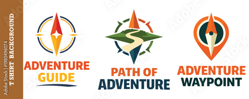 Compass trail seeker logo with mountains trees and path outdoor adventure emblem.