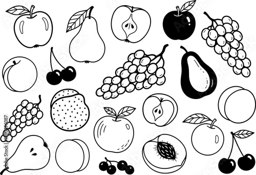 Collection of hand drawn fruit illustrations including grapes apples pears and cherries in black and white