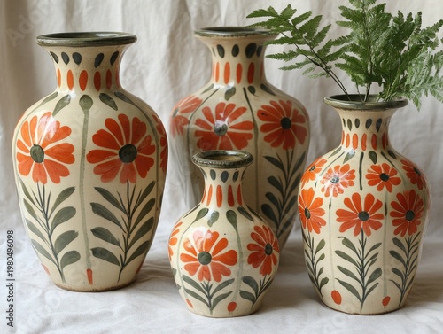 Four rustic vases with orange floral pattern on white fabric backdrop. Good background for floral designs, or home related topics.