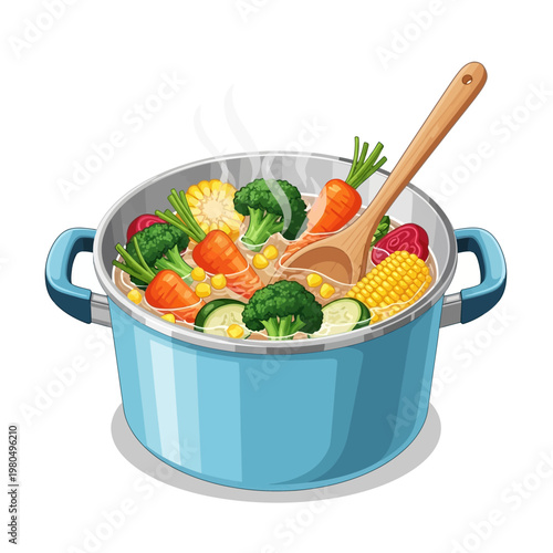 A large blue pot filled with steaming vegetables and a wooden spoon