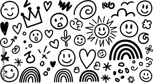 Hand drawn doodle set with smiley faces hearts rainbows and decorative elements for fun and youthful creative designs