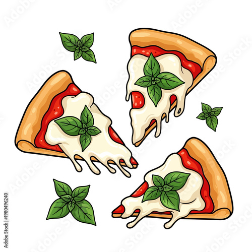 A delicious illustration of three slices of pizza with melted cheese and basil leaves