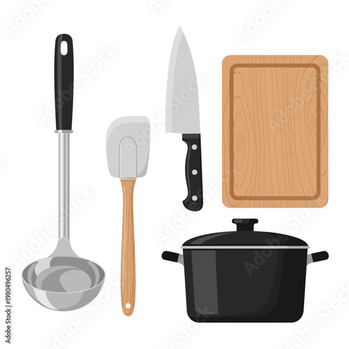 A collection of kitchen utensils and cookware on a white background