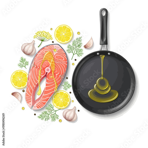 A delicious salmon fillet with lemon and herbs next to a skillet with olive oil