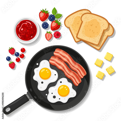 A delicious breakfast spread with eggs, bacon, toast, and fresh berries