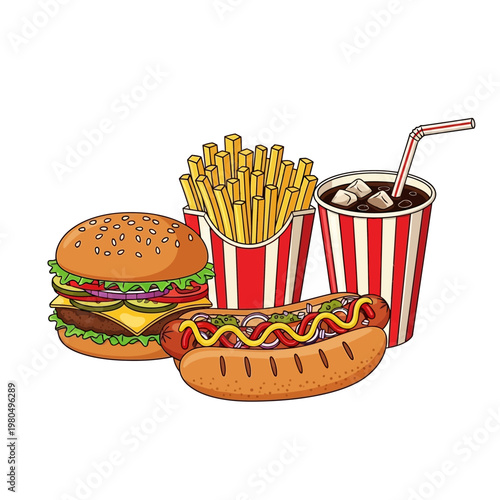 A colorful illustration of fast food items on a white background