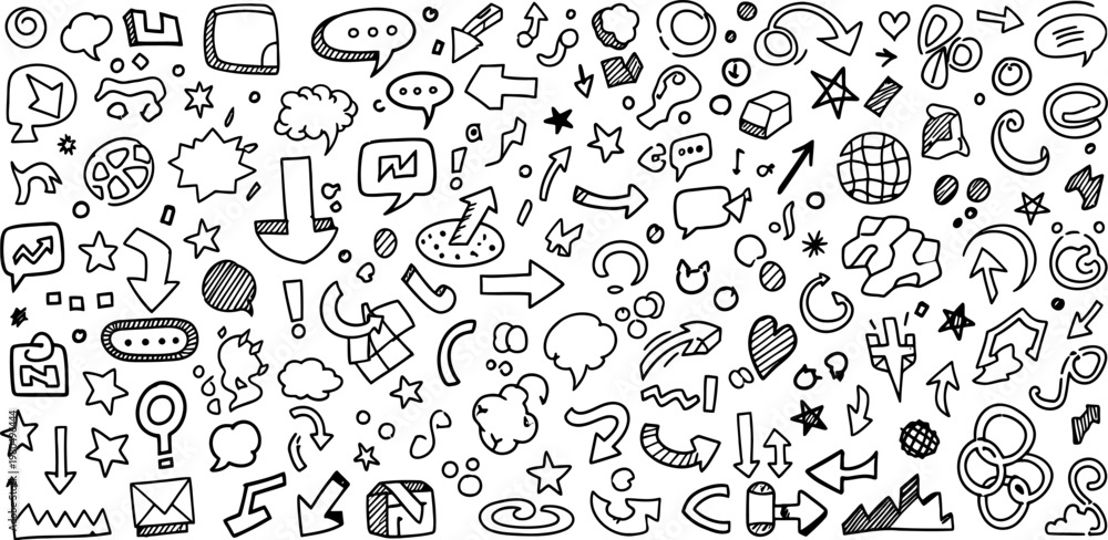 Fototapeta premium Hand drawn doodle set with arrows speech bubbles and various office or business symbols for creative project notes