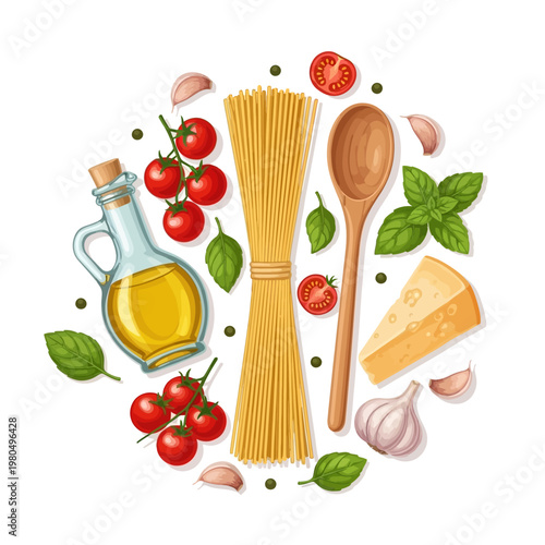 A delicious Italian meal with spaghetti, tomatoes, and cheese ingredients