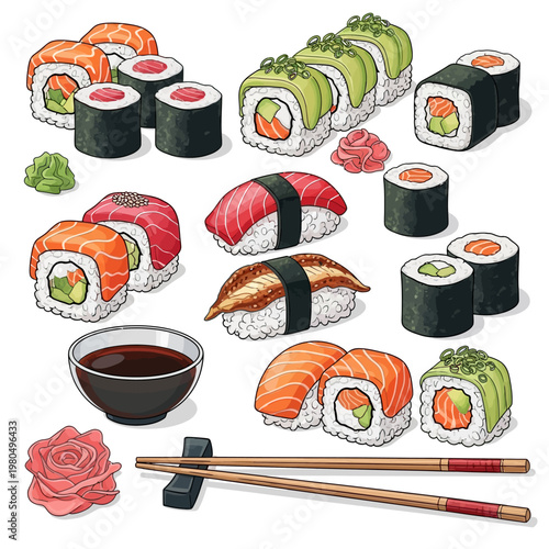 A variety of sushi rolls and sashimi with chopsticks and soy sauce