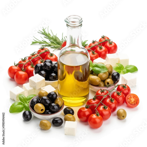 A bottle of olive oil surrounded by fresh tomatoes, olives, and cheese on a white background