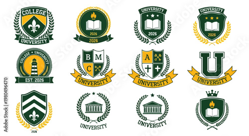 Vintage university crest collection, set of 12 academic shield emblems, green and yellow college logo vectors with laurel wreaths and books
