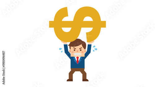 Businessman struggling to lift heavy dollar sign, symbolizing financial burden and stress