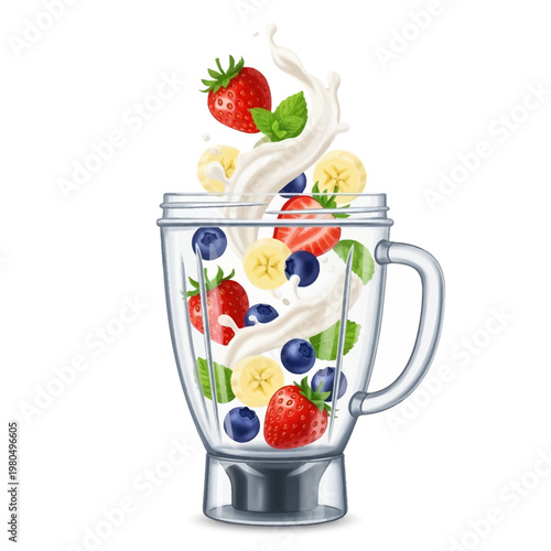 A blender filled with fresh fruit and yogurt