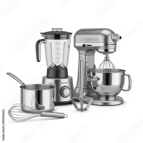 A collection of modern kitchen appliances and gadgets on a white background