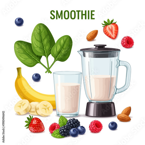 A blender and glass of smoothie surrounded by fresh fruits and spinach leaves on a white background