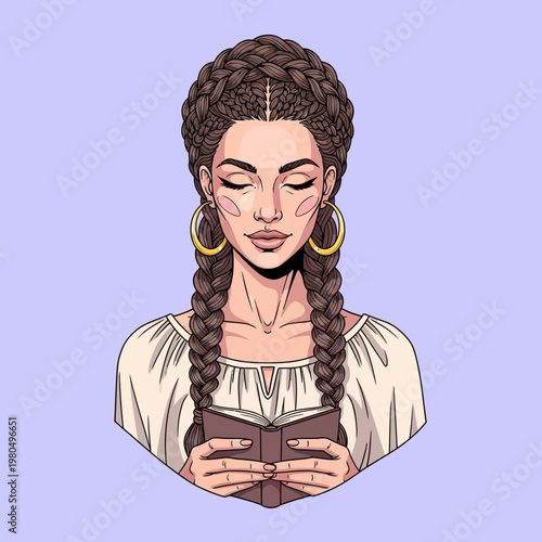 Woman reading book with braided hair.