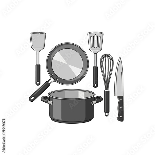 A collection of kitchen utensils and cookware on a white background