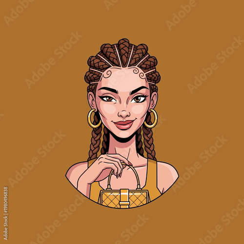 Woman with braided hairstyle and jewelry.