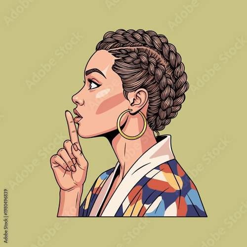 Woman with braided hairstyle gesturing quietly.