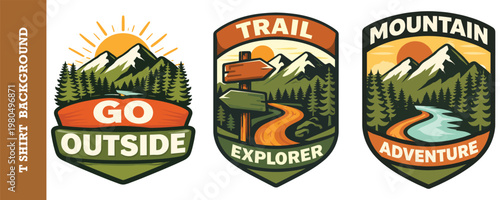 Go outside trail explorer mountain adventure vector t-shirt background emblem.