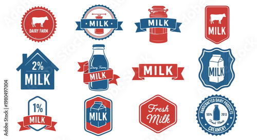 Vintage milk labels and dairy farm badges, collection of 12 retro milk bottle and cow icons, red and blue dairy product vector emblems for branding