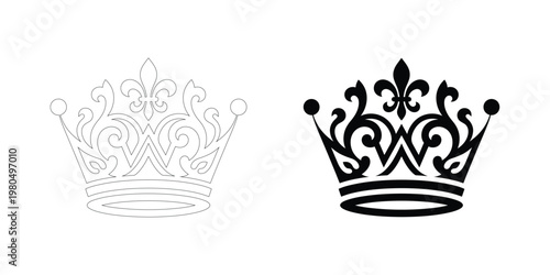 Two vintage crown illustrations detailed and sketchy designs