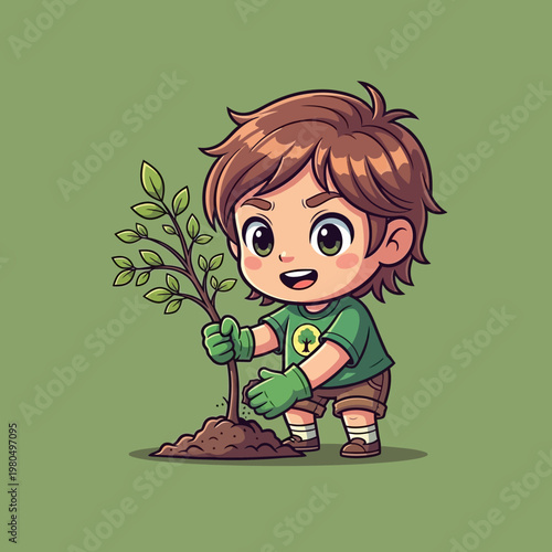 Young Boy Planting a Small Tree.