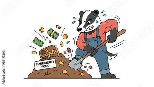 Cartoon badger digging into emergency fund chest, illustrating financial stress and savings for unexpected expenses.