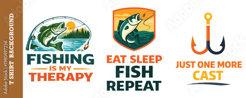 Outdoor fishing therapy graphic collection with creative quotes and hobby illustration set.