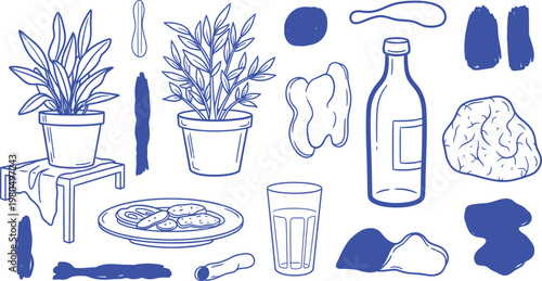 Blue line art doodle set of household objects and indoor plants isolated on white background for design assets