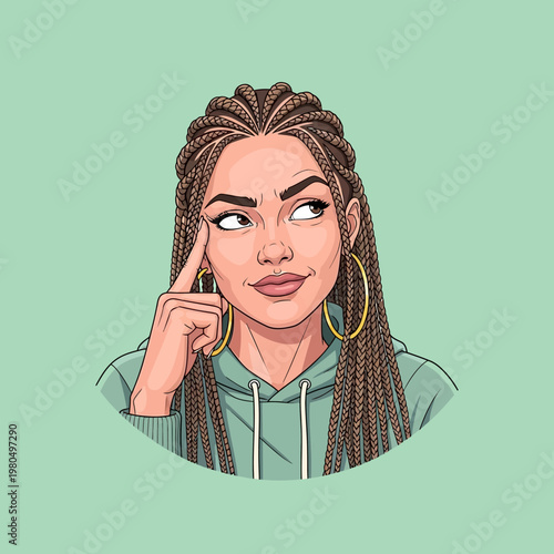 Young Woman with Braided Hair Thinking.
