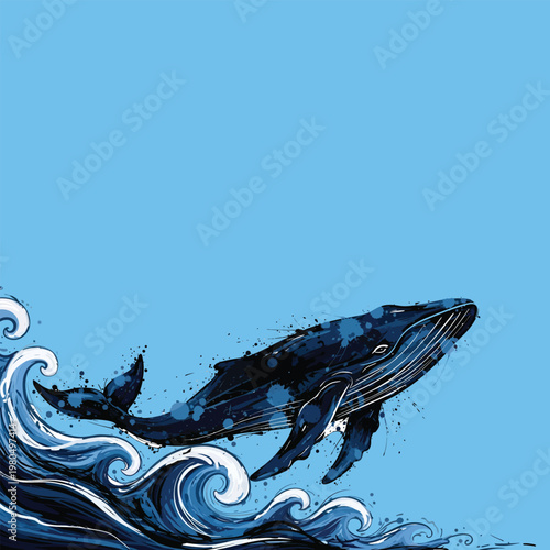 Large Whale Jumping Out Ocean Water.