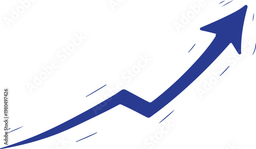 A blue hand-drawn arrow pointing upward, representing growth, success, and positive trends, featuring sketchy artistic strokes on a white background.