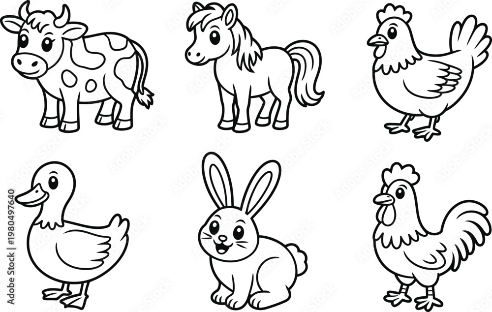 Obraz premium Six cartoon farm animals, black and white line horse