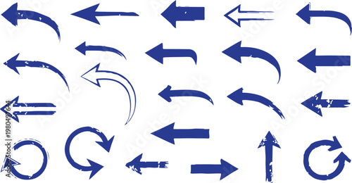 A collection of various blue hand-drawn arrows featuring grunge textures, distressed edges, and sketchy brush strokes for directional design.