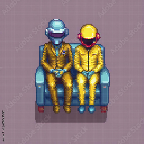 Two humanoid figures, one in yellow and the other in blue, sit on a couch, possibly in a pixel art style.