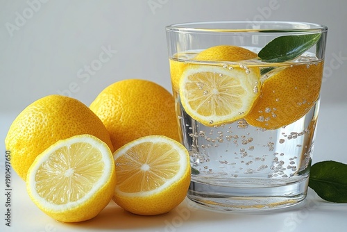 A glass of refreshing lemon water with lemon slices and green leaf. Use for advertising beverage or healthy lifestyle concept.
