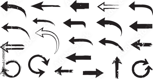 A collection of various black hand-drawn arrows featuring grunge textures, distressed edges, and sketchy brush strokes for directional design.