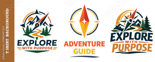 Trail guide compass logo with sun and nature landscape adventure icon emblem.