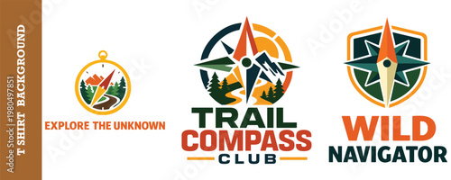 Wild navigator adventure logos set featuring shield shapes mountain peaks and forest art.